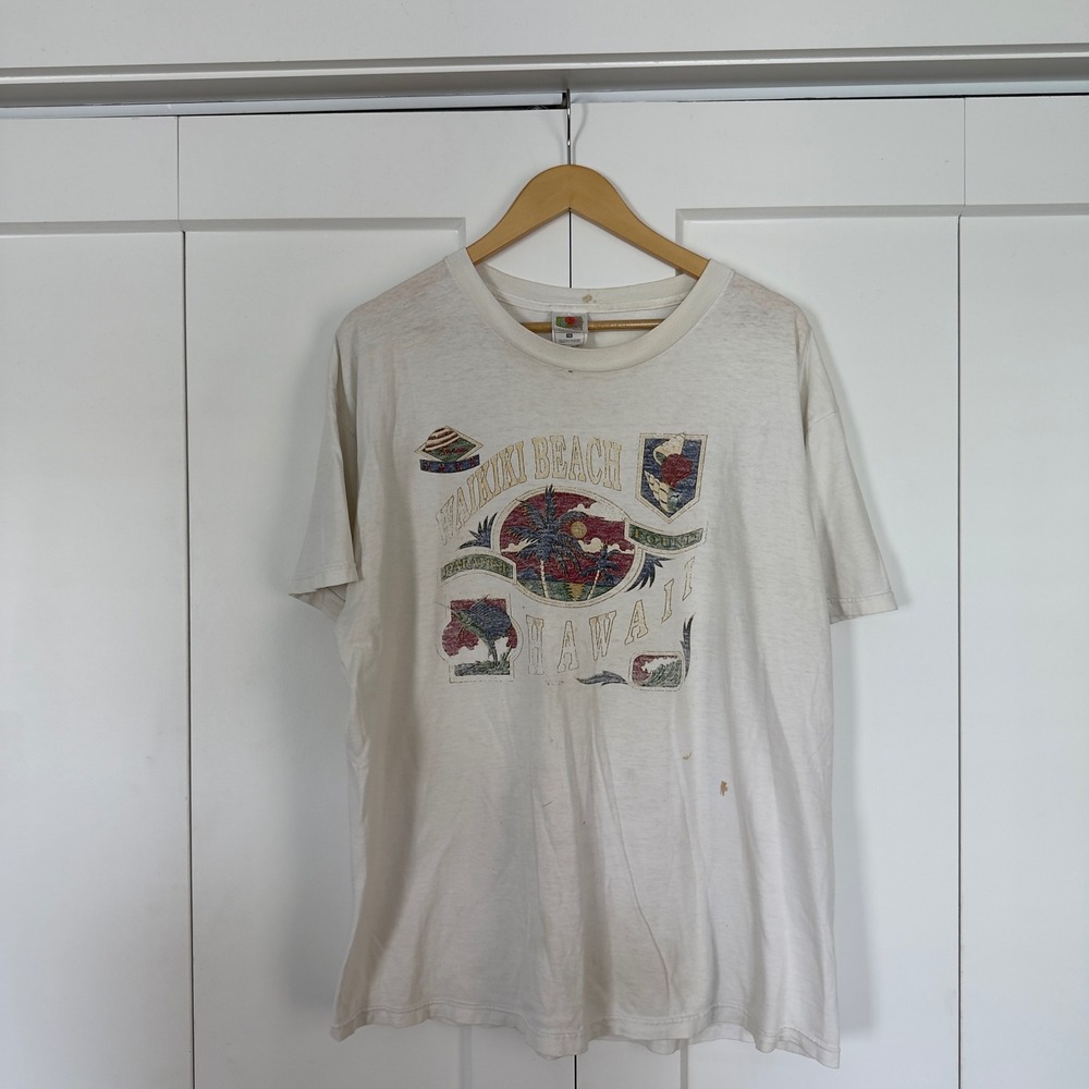 Mens Fruit of the Loom Waikiki Beach Hawaii Graphic T-Shirt XL White Vintage - Picture 2 of 6